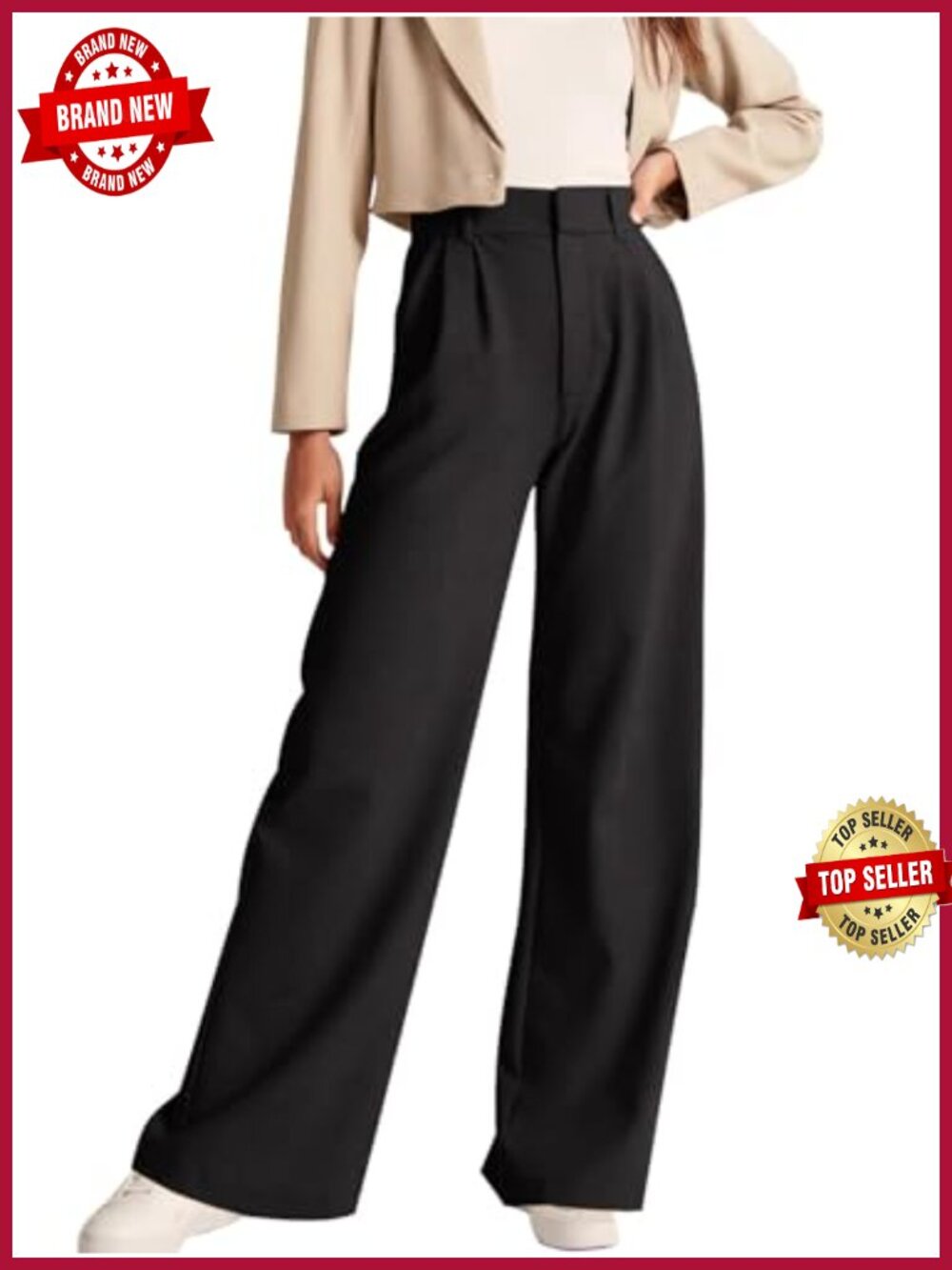 Women's High Waist Straight Leg Work Trousers Pants with Pockets Pleated